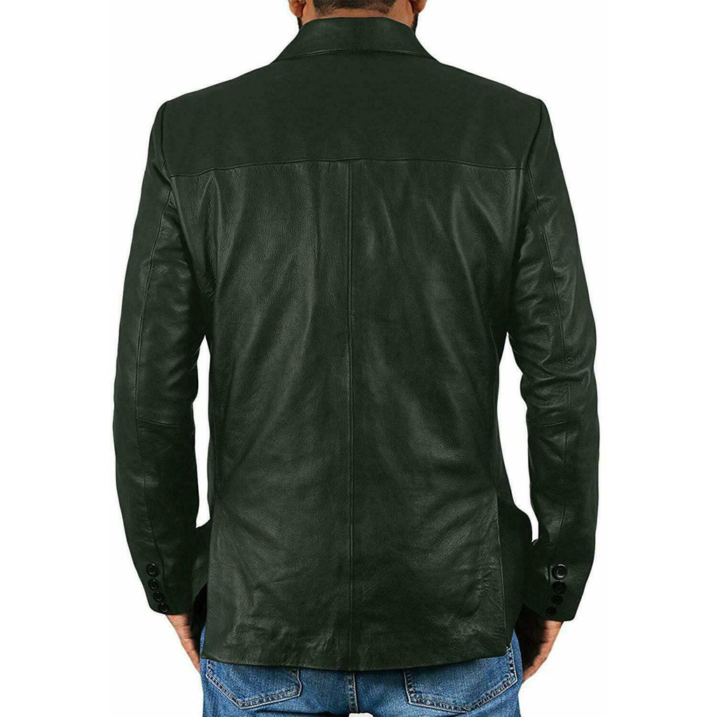 Men's Genuine Lambskin Real Leather Blazer Green Jacket TWO BUTTON Stylish Coat
