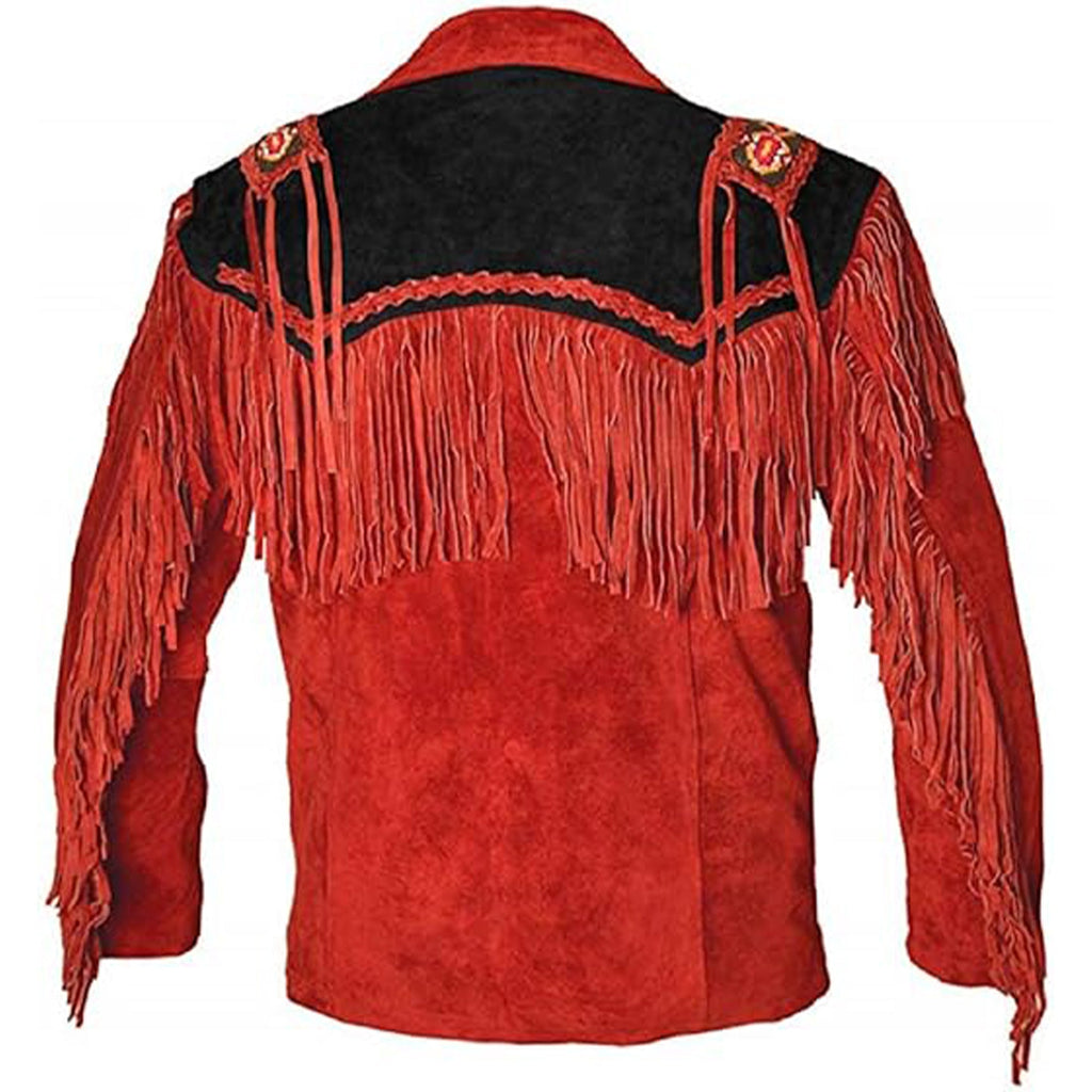 Men's Native American Western Cowboy Suede Leather Jacket Fringes Red & Black