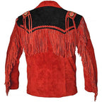 Men's Native American Western Cowboy Suede Leather Jacket Fringes Red & Black