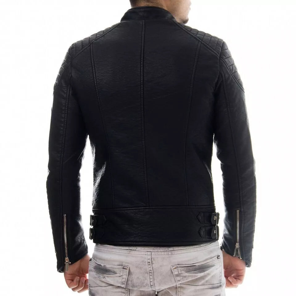 New Mens Black Genuine Soft Lambskin Leather Motorcycle Jacket Coat Zipper Biker