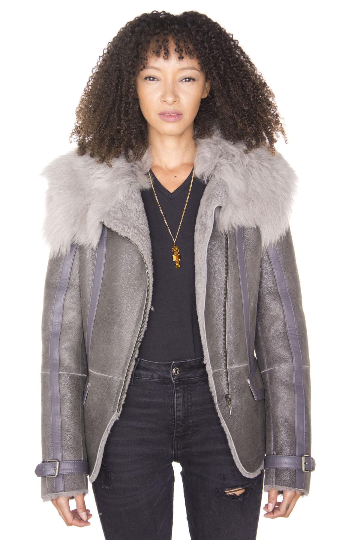 Womens Grey Toscana Shearling Flying Jacket-Teresina