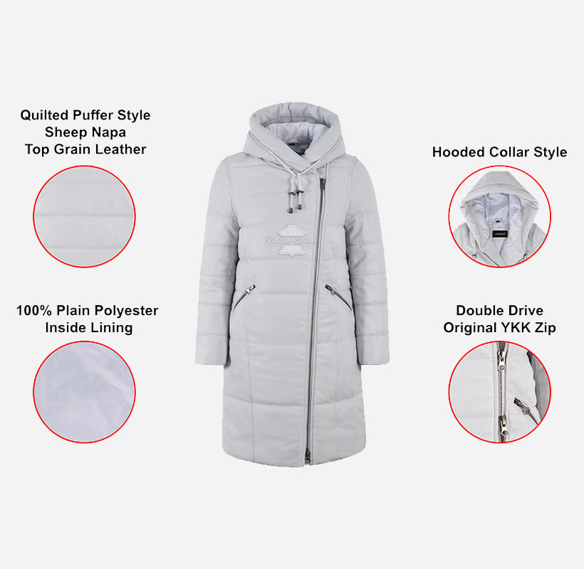 TERRIL Women Leather Puffer Hooded Duffle Coat White