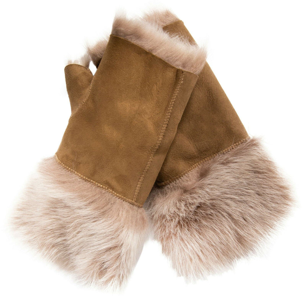 Womens Shearling  Mittens Fingerless Cuffs Toscana Suede Sheepskin Fur