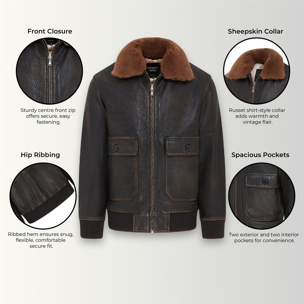 Men's Brown Leather Bomber Sheepskin Collar G-1 Pilot Jacket - Trick