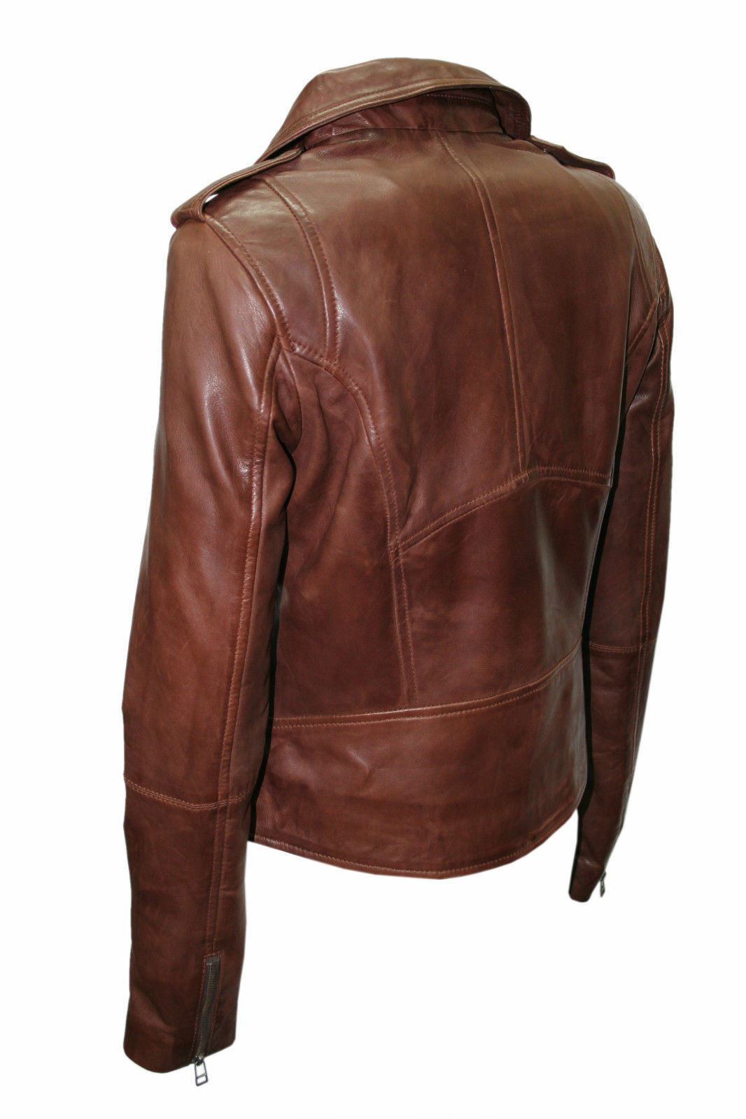 Womens Chestnut Leather Biker Jacket-Reynosa