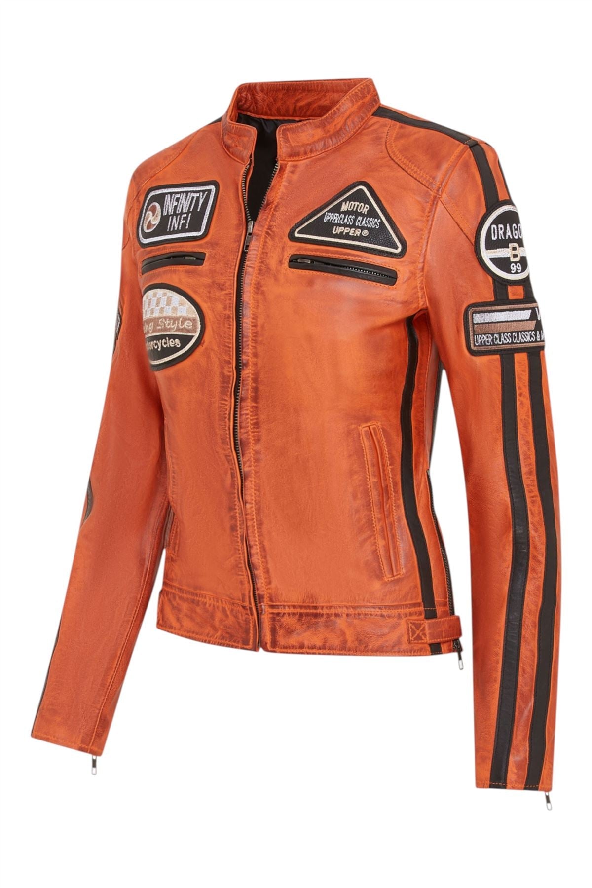 Womens Leather Biker Racing Badges Jacket-Agadir