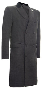 Mens 3/4 Grey Long Double Breasted Crombie Overcoat Wool Coat Peaky Blinders