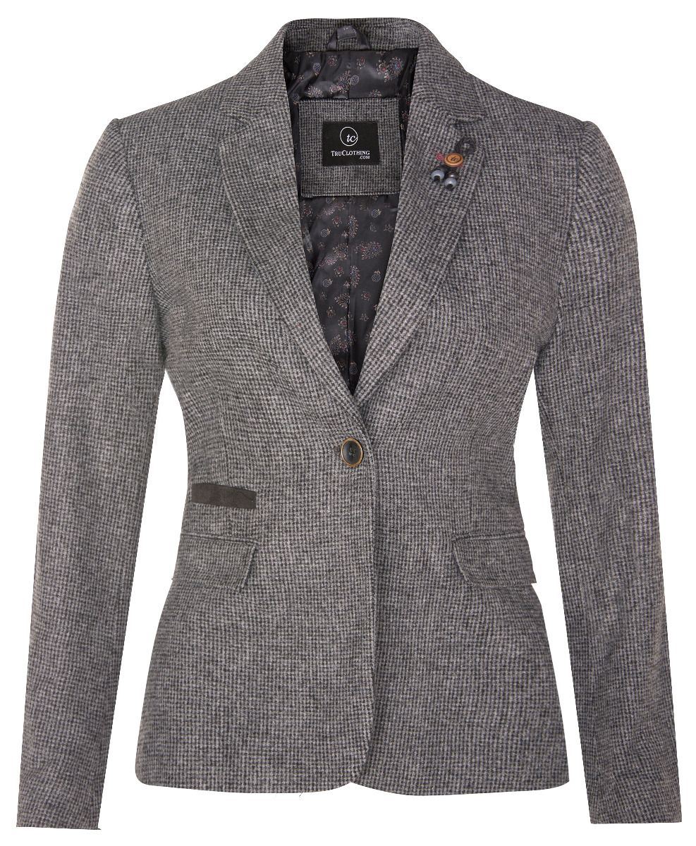 Womens Tweed 1920s Herringbone Grey Blazer