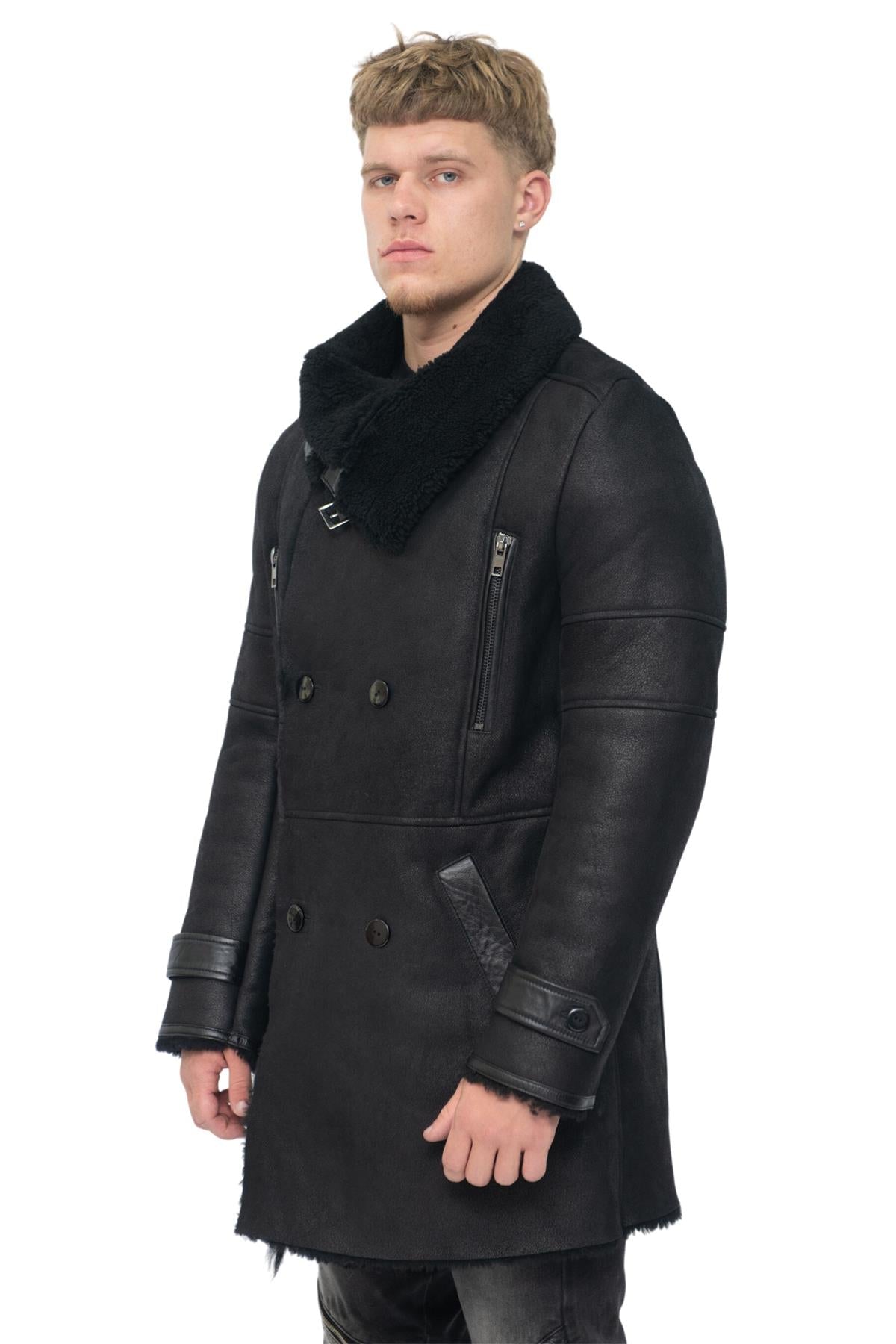 Mens Double Breasted Sheepskin Reefer Coat-Candon