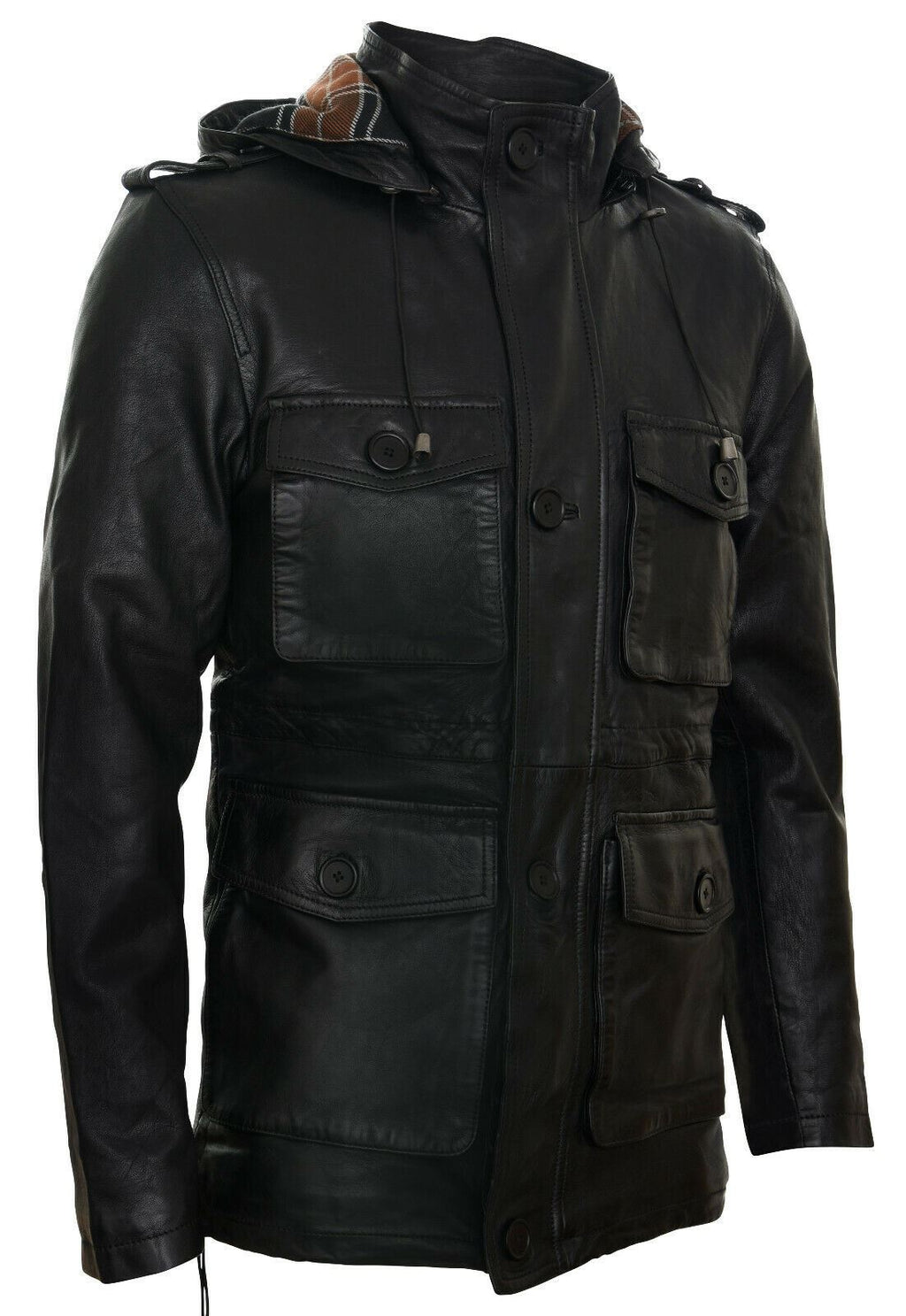 Mens Hooded Trench Multi-Pocket Overcoat Leather Jacket