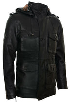 Mens Hooded Trench Multi-Pocket Overcoat Leather Jacket