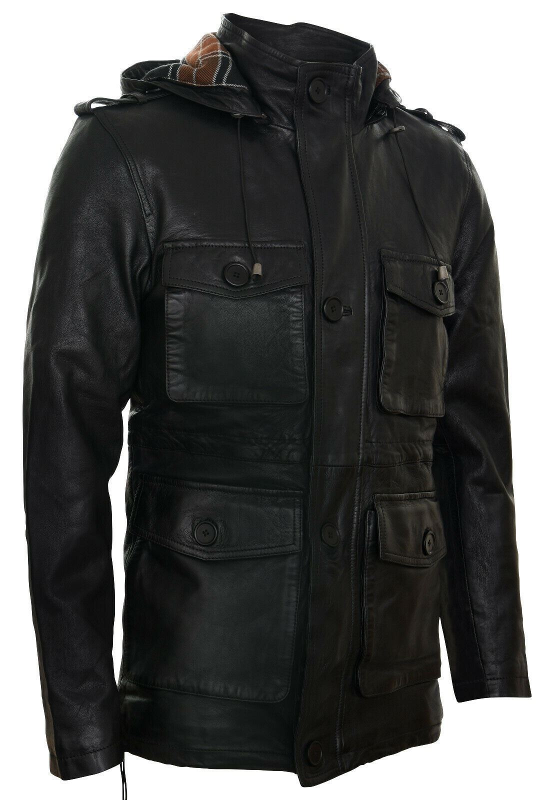 Mens Hooded Trench Multi-Pocket Overcoat Leather Jacket
