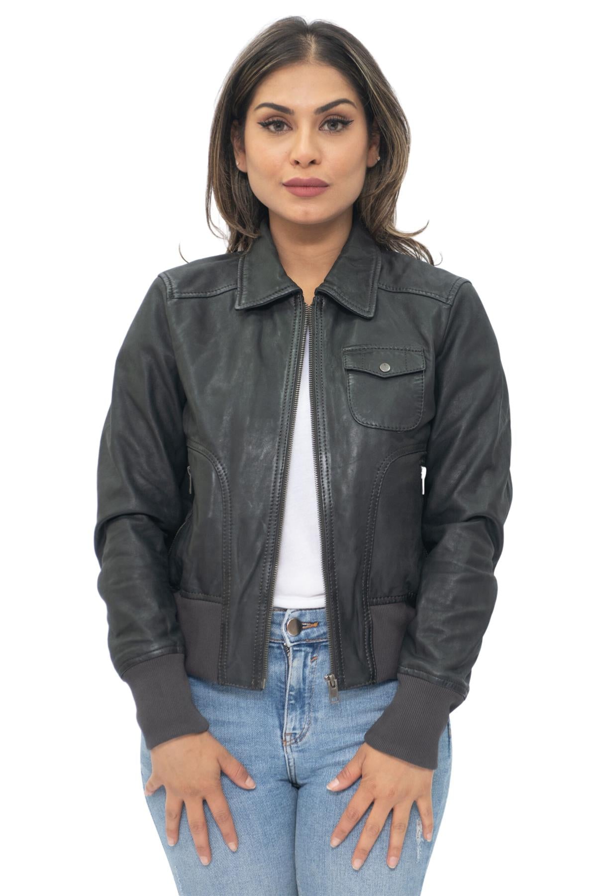 Womens Leather MA-1 Varsity Jacket-Ann Arbor