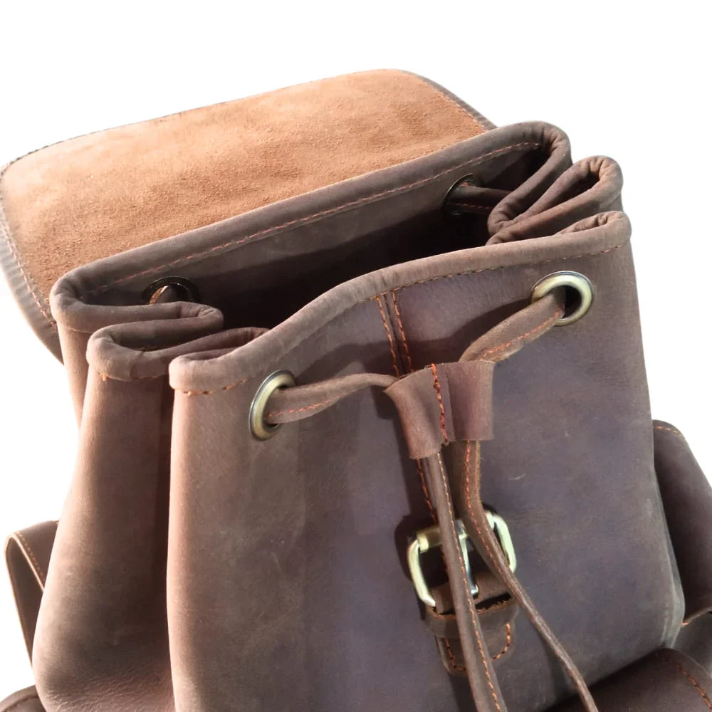 Vintage Dark Brown Leather Backpack - Handmade Leather Drawstring Bag