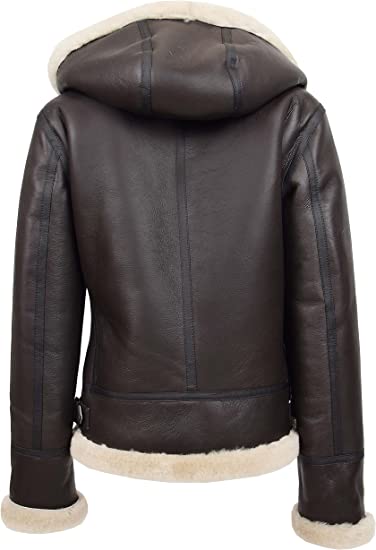 Women's Handmade Real Brown Shearling Bomber Leather Jacket With Detachable Hood | Womens B3 RAF Bomber Jacket | Womens Aviator Jacket