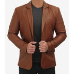 Mens Two Button Tan Leather Blazer – Notch Lapel