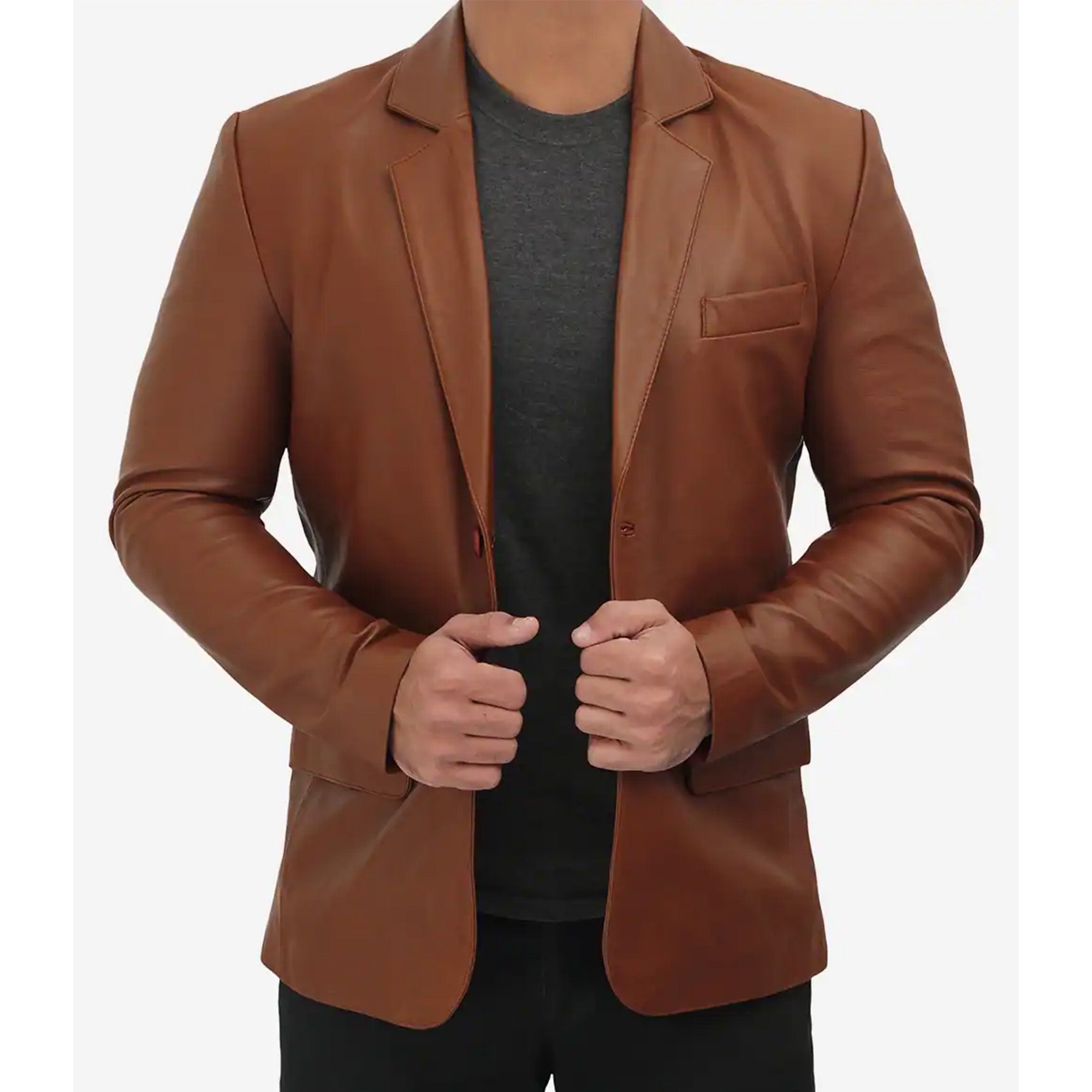 Mens Two Button Tan Leather Blazer – Notch Lapel