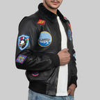 Top Gun Black Leather Maverick Bomber Jacket