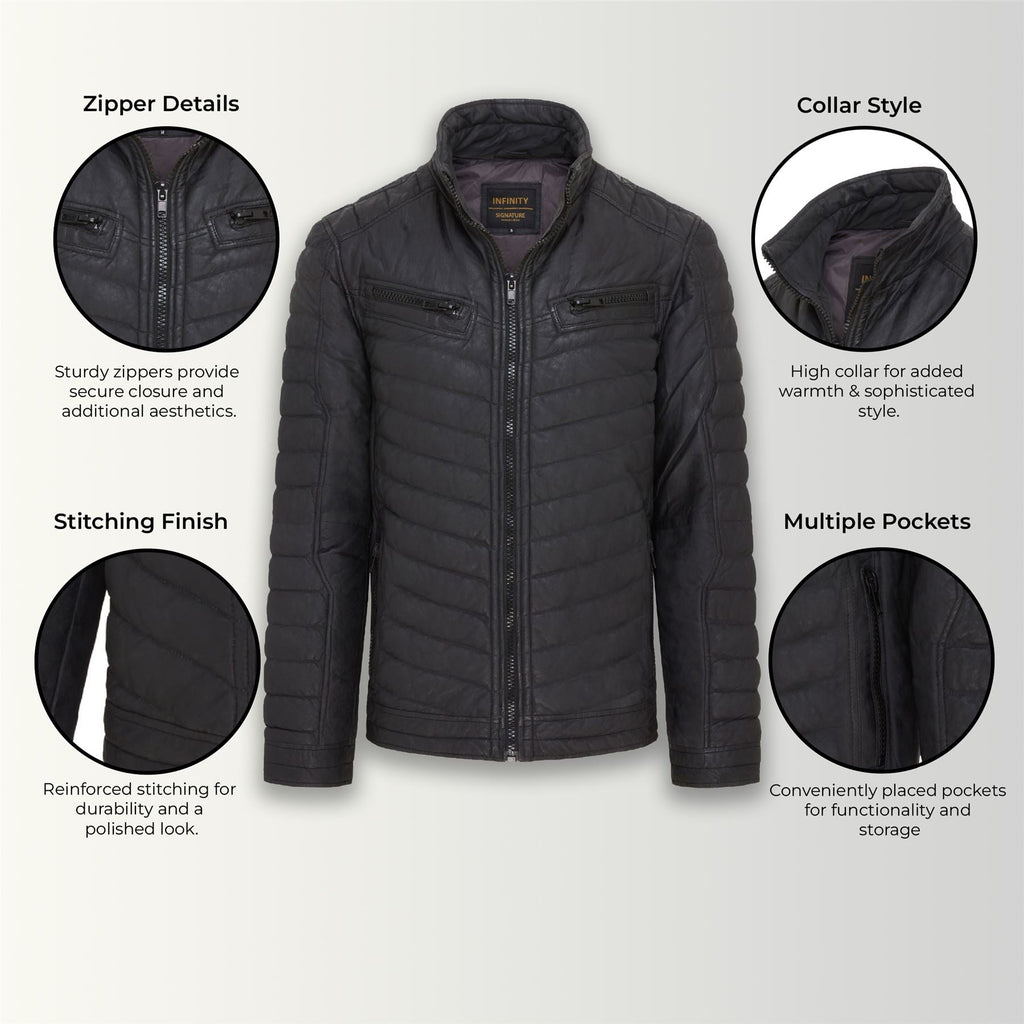 Mens Quilted Puffer Leather Bomber Jacket - Torpoint