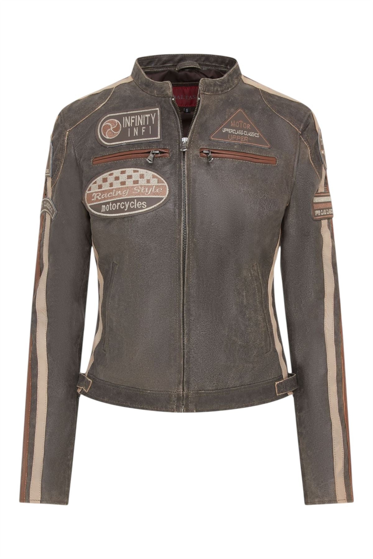 Womens Leather Biker Racing Badges Jacket-Agadir