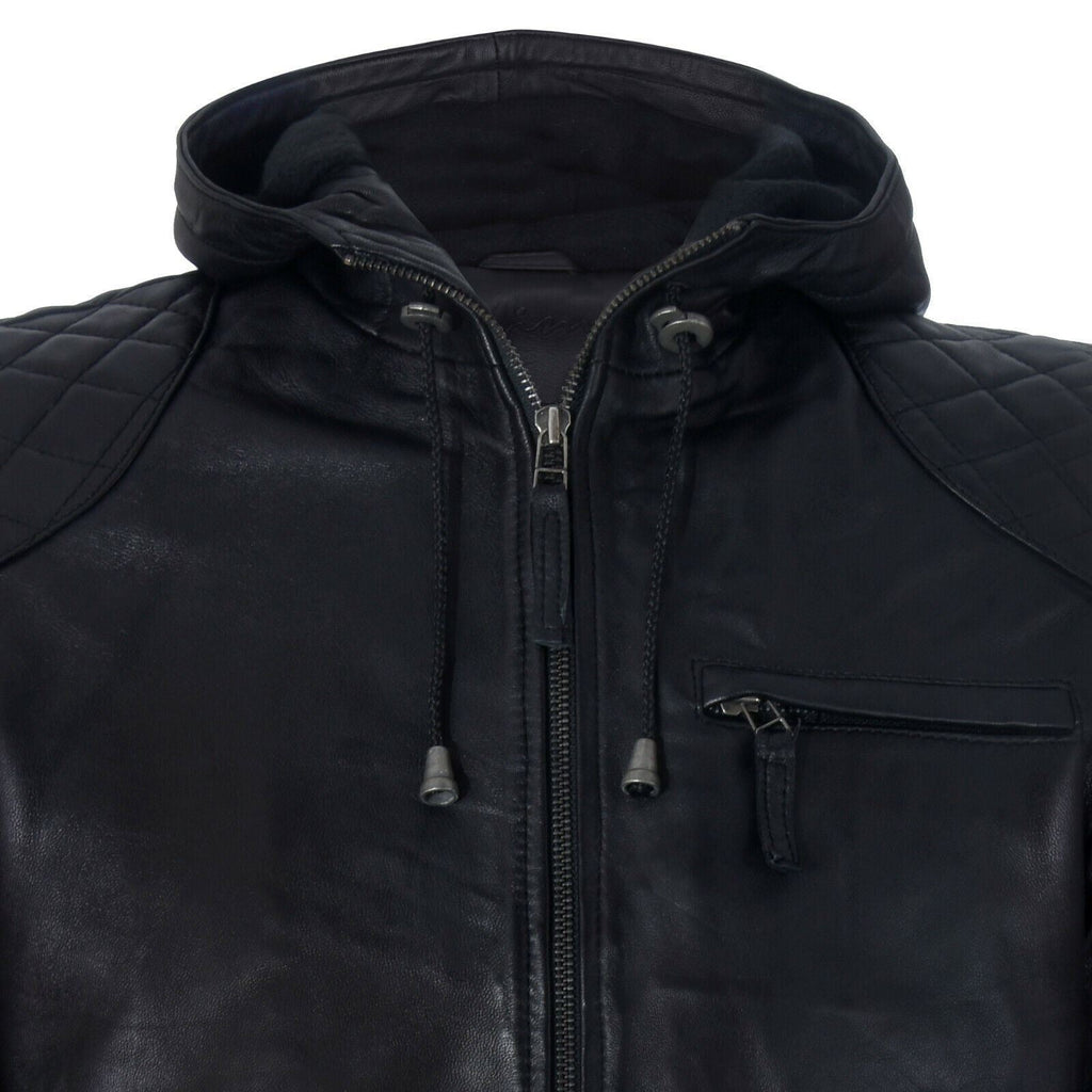 Mens Retro Hooded Leather Bomber Jacket-Zaria