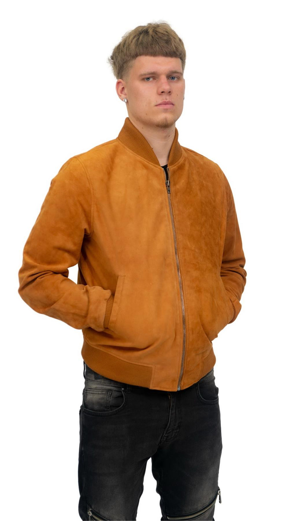 Mens Retro Goat Suede Varsity Leather Bomber Jacket-Athens