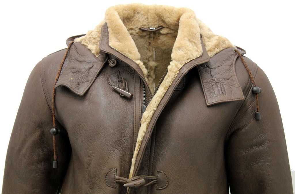 Mens Sheepskin Leather Hooded Duffle Coat-Hanko