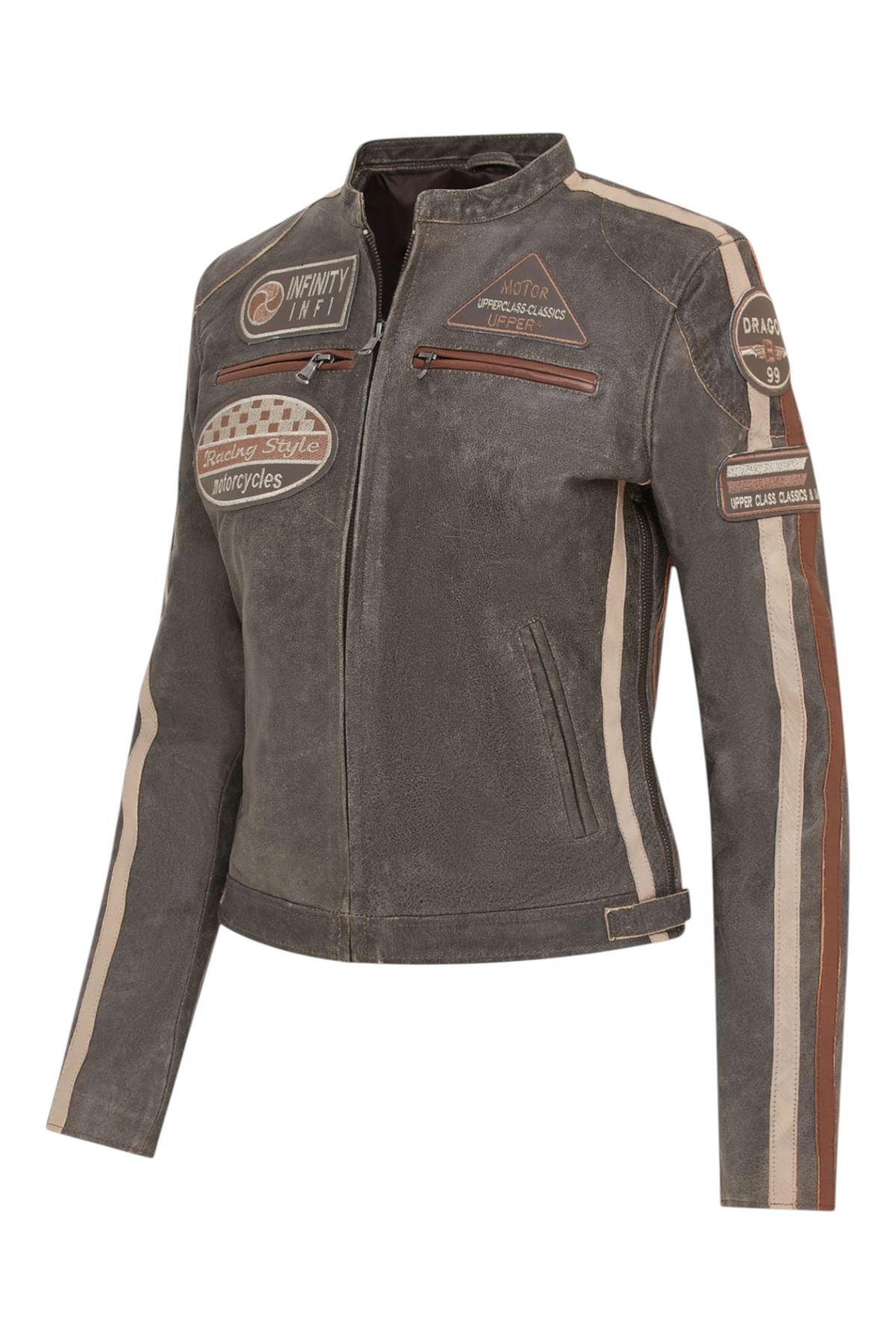 Womens Leather Biker Racing Badges Jacket-Agadir
