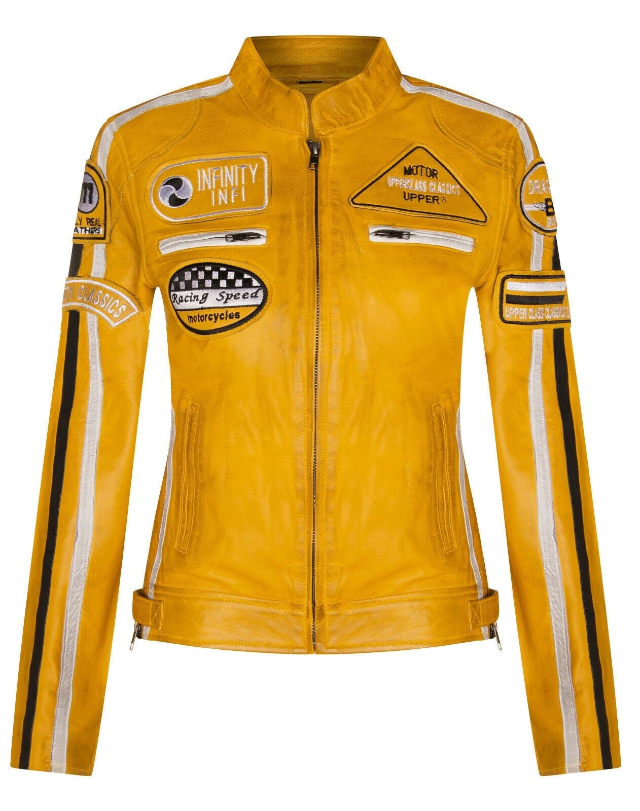 Womens Leather Biker Racing Badges Jacket-Agadir