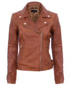 Womens Tan Leather Biker Jacket-Sacramento