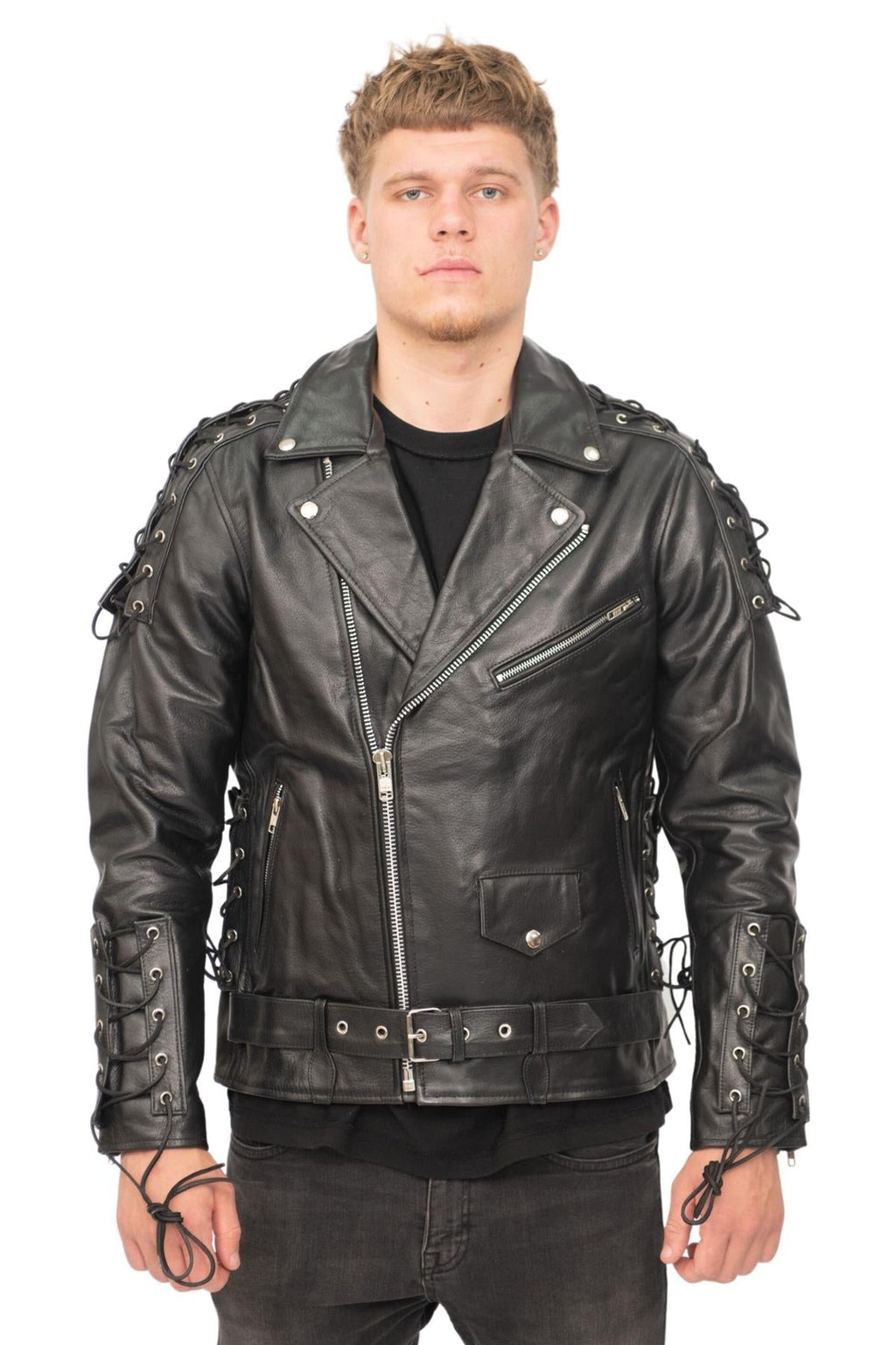Mens Embossed Brando Leather Biker Jacket-Chicago