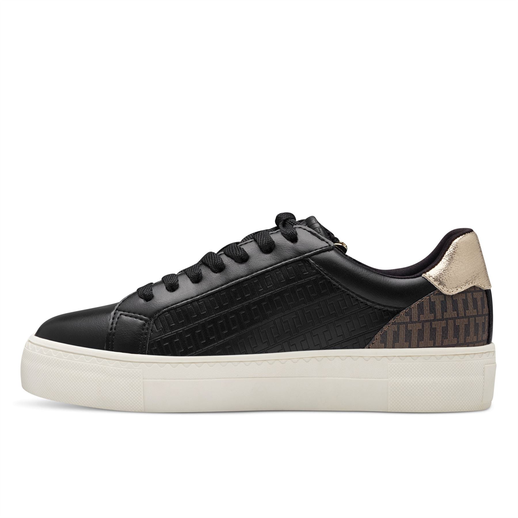Tamaris Womens Black Gold Faux Leather Fashion Lace Up Sneakers