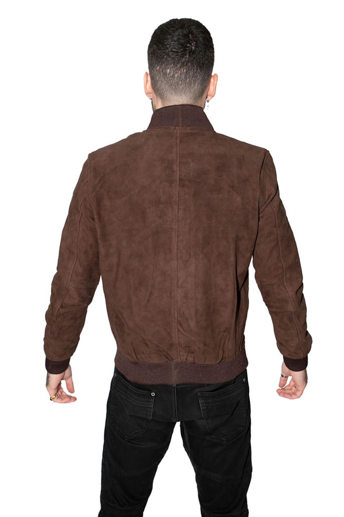 Mens Retro Goat Suede Varsity Leather Bomber Jacket-Athens