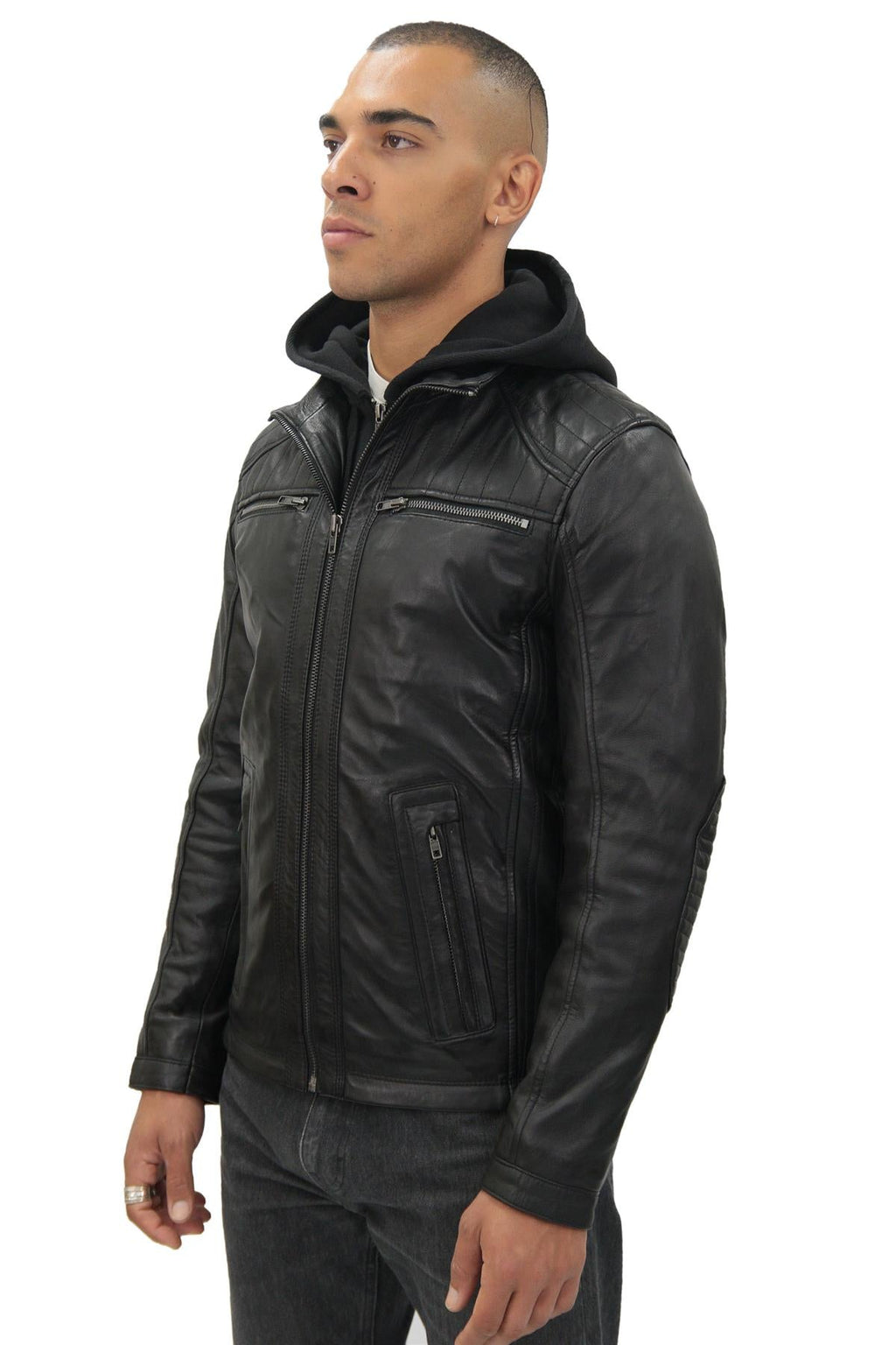 Mens Black Hooded Leather Biker Jacket-Salvador