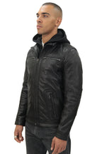 Mens Black Hooded Leather Biker Jacket-Salvador