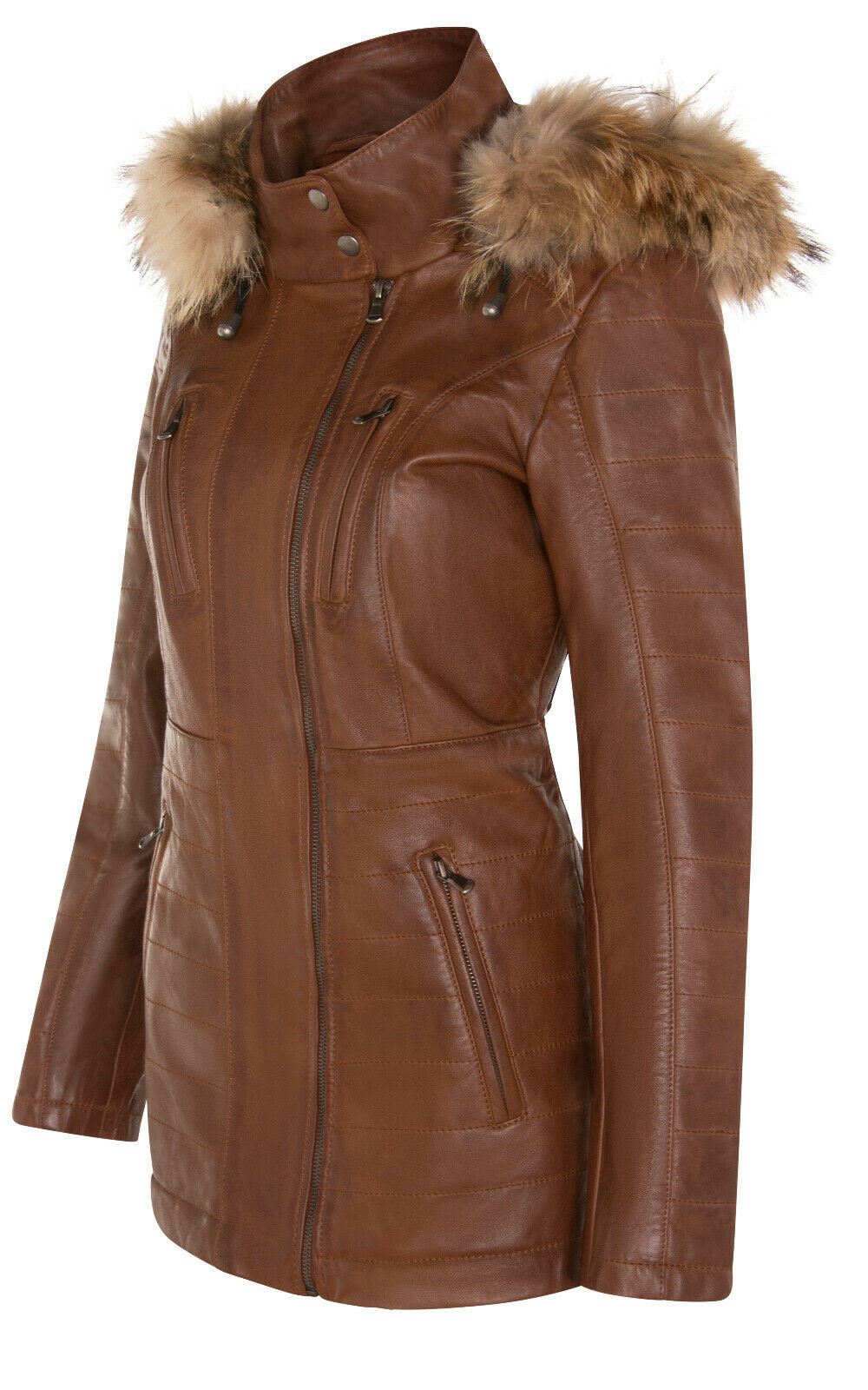 Womens Slim Fit  Leather Hooded Parka Jacket-Northam