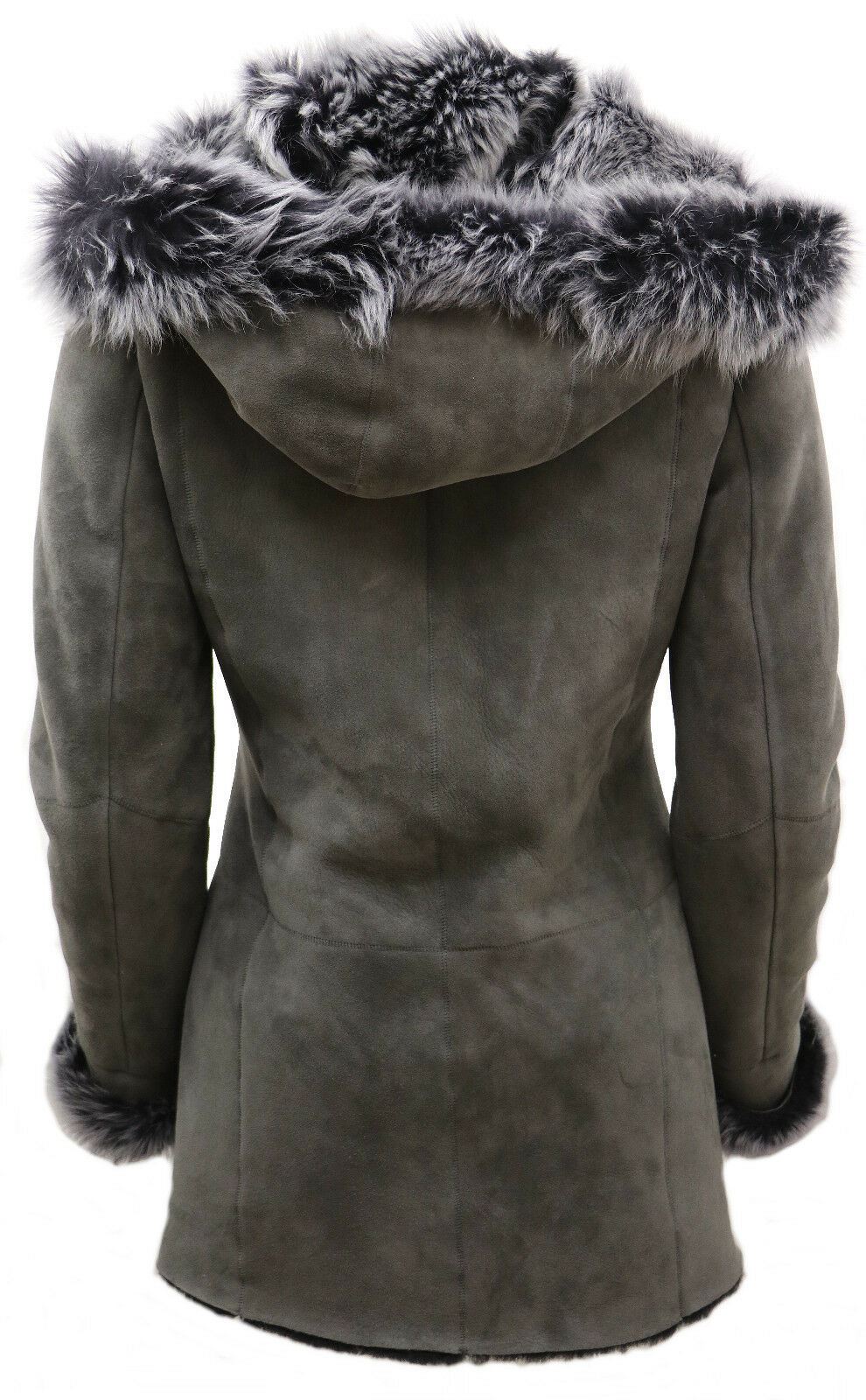 Womens Grey Suede Hooded Merino Sheepskin Coat-Monrovia