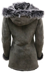 Womens Grey Suede Hooded Merino Sheepskin Coat-Monrovia