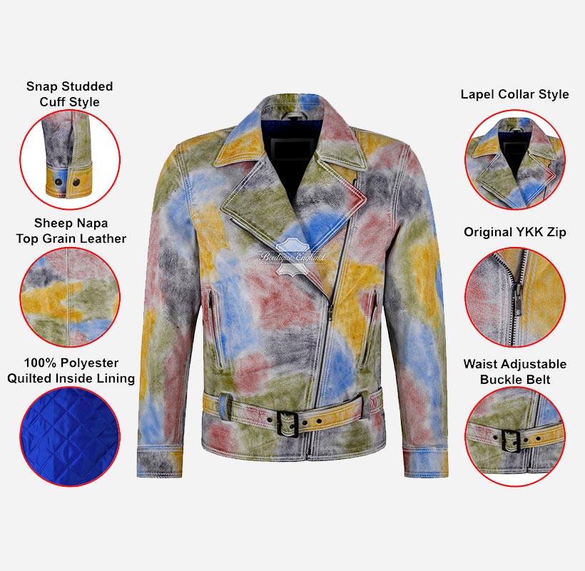 PICASSO Leather Jacket Multicolored Waxed Mens Leather Biker Jacket
