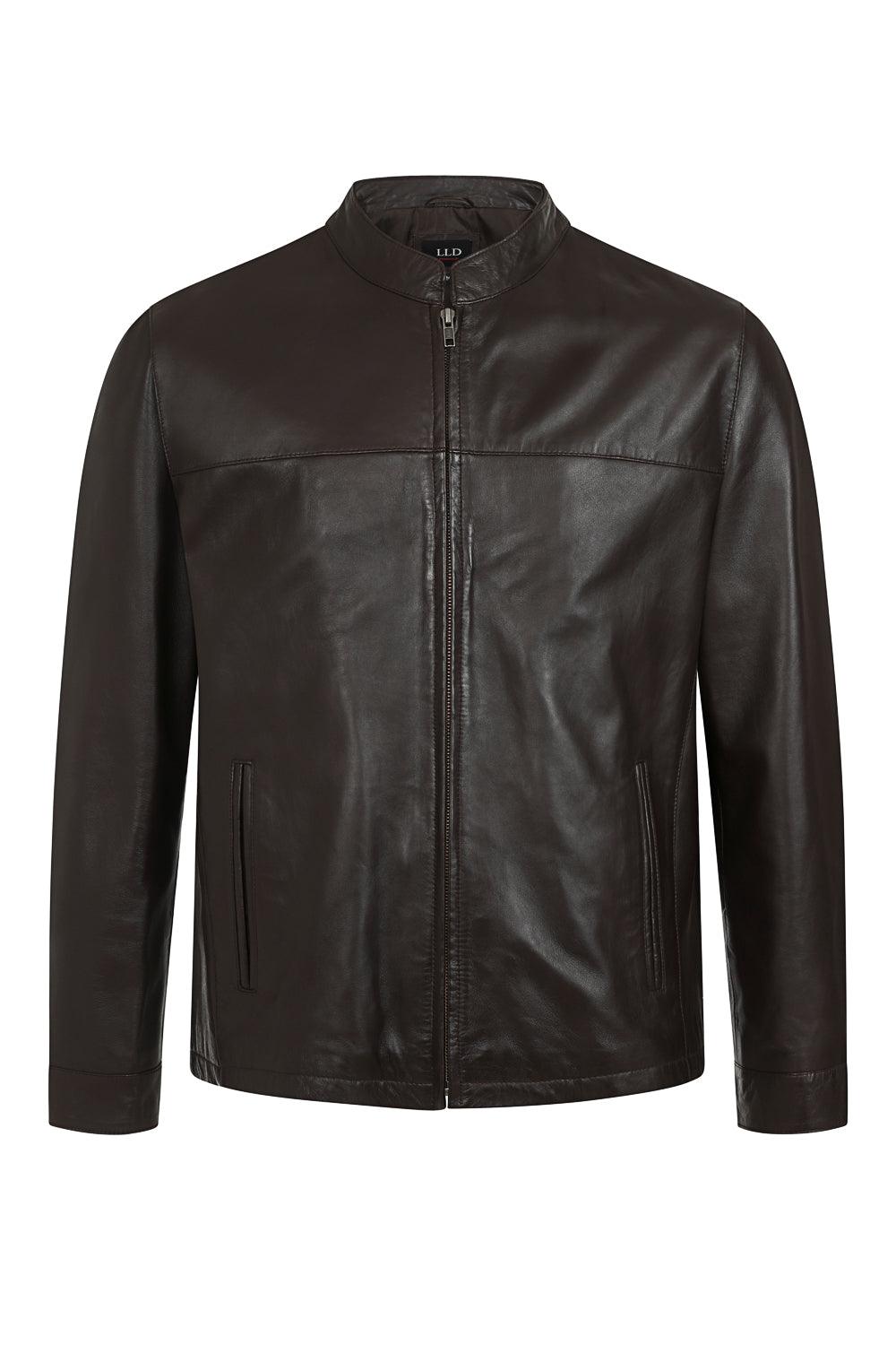 BILLY Men's Brown Lamb Nappa Leather Classic Jacket - Mandarin Collar