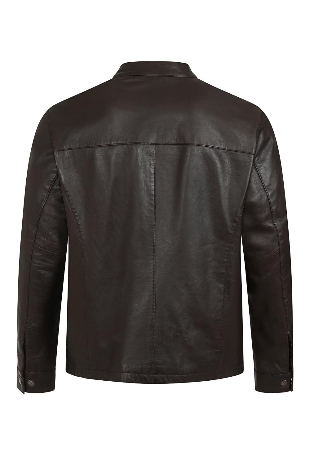 BILLY Men's Brown Lamb Nappa Leather Classic Jacket - Mandarin Collar