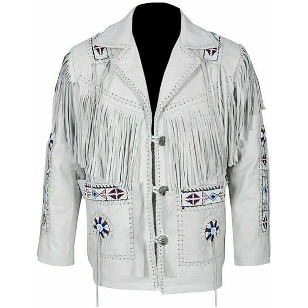 Vipzi Men's Traditional Western Wear Native Cowboy White Leather Jacket Coat Fringe Beading