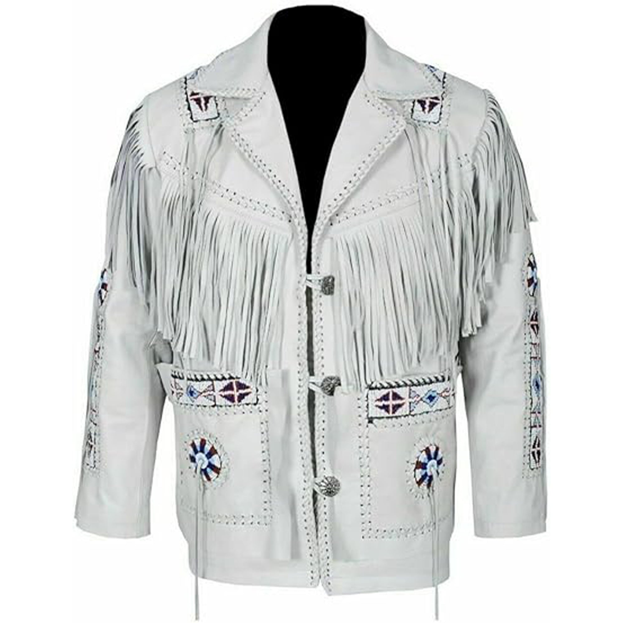 Vipzi Men's Traditional Western Wear Native Cowboy White Leather Jacket Coat Fringe Beading