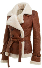 Womens Tan Double Breasted Sheepskin Aviator Jacket-Leshan