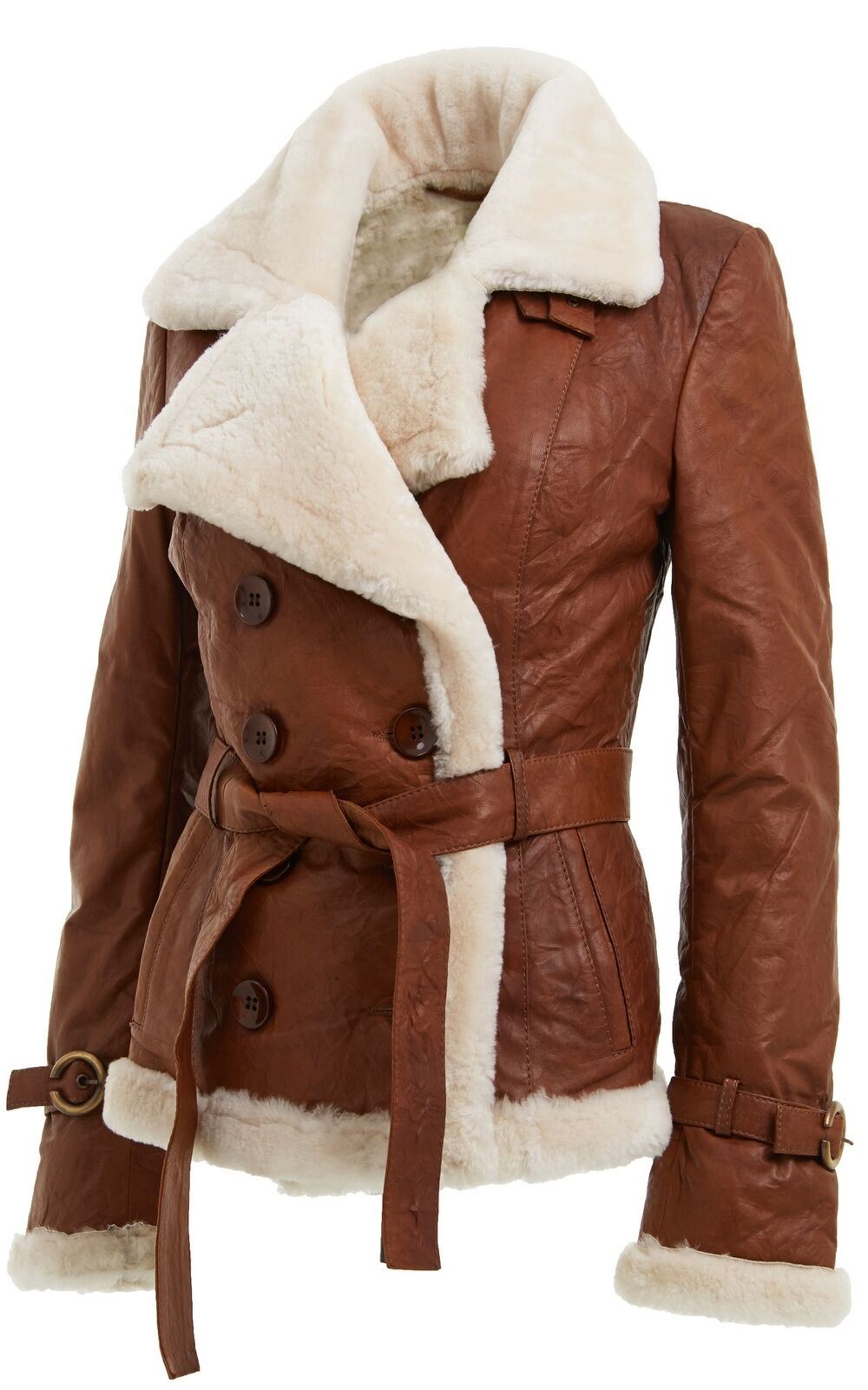 Womens Tan Double Breasted Sheepskin Aviator Jacket-Leshan