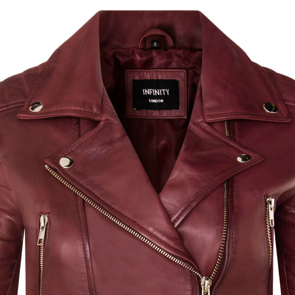 Womens Cropped Brando Leather Biker Jacket-Damascus