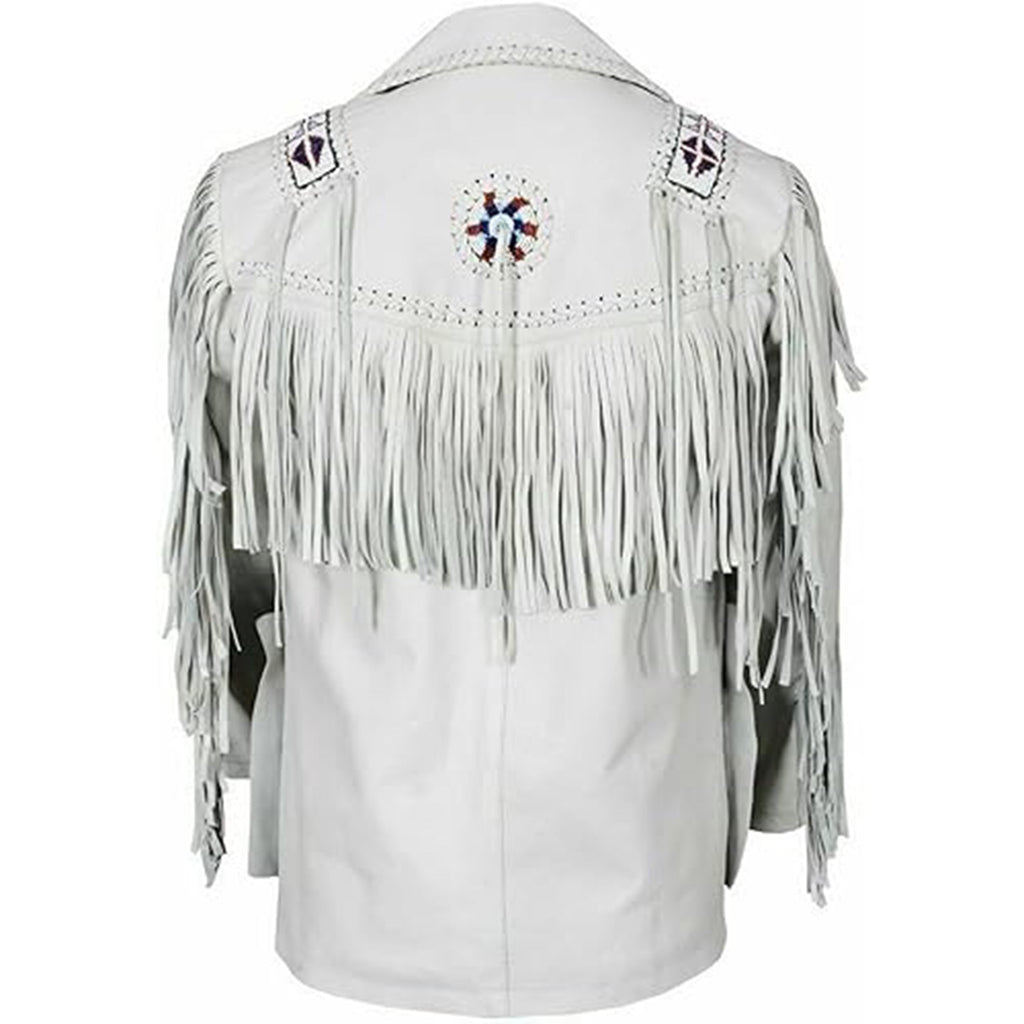 Vipzi Men's Traditional Western Wear Native Cowboy White Leather Jacket Coat Fringe Beading