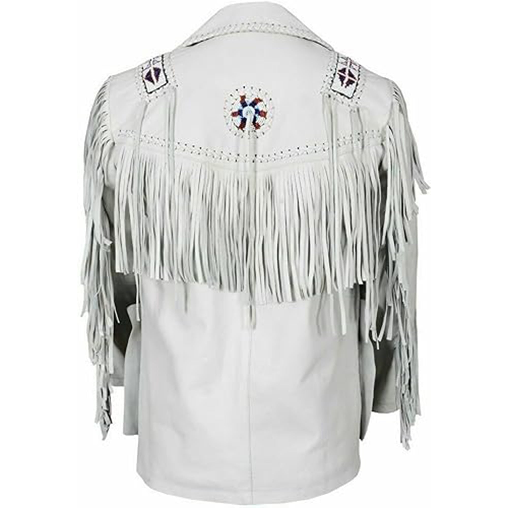 Vipzi Men's Traditional Western Wear Native Cowboy White Leather Jacket Coat Fringe Beading