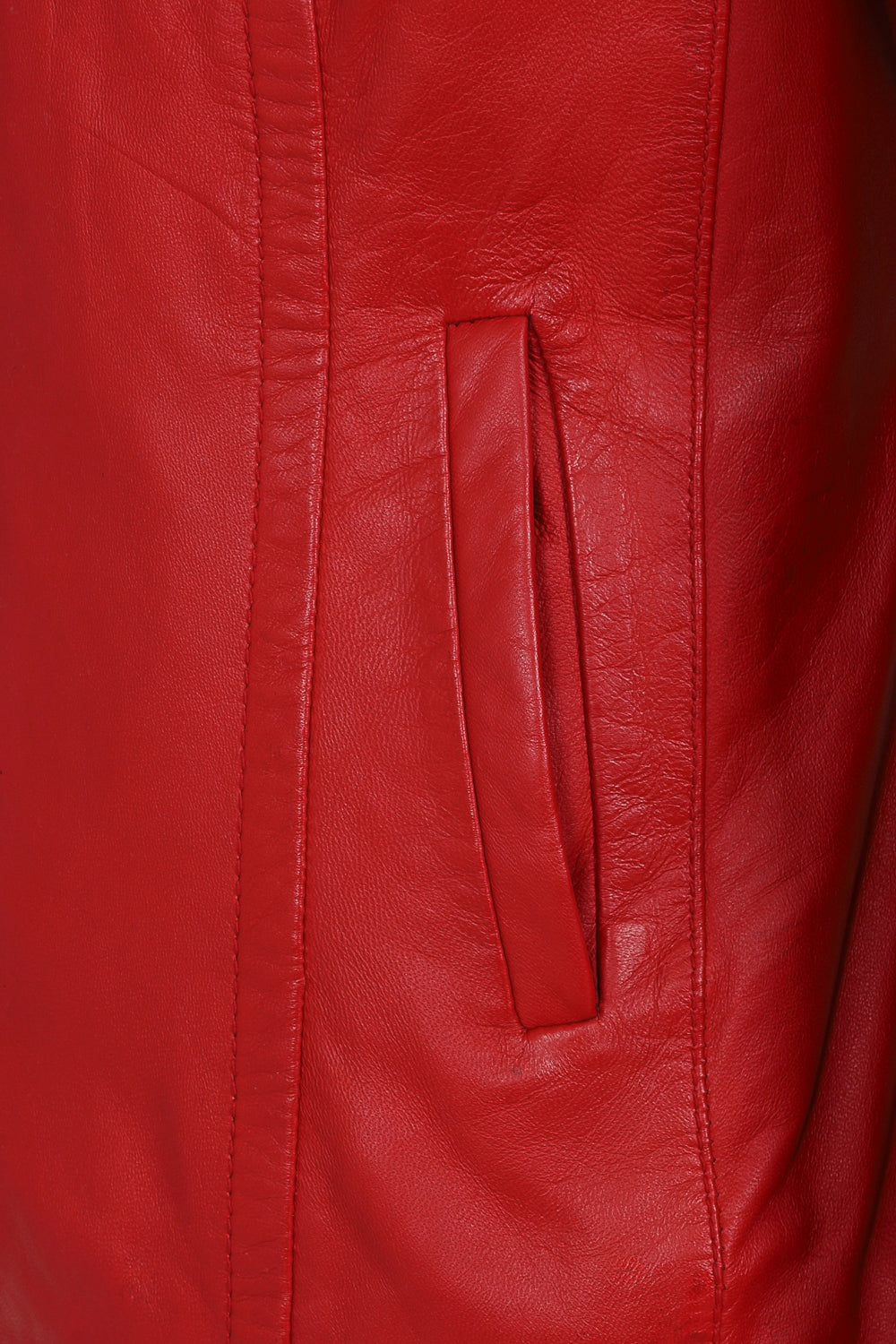 Women's Red Classic Zip Up Genuine Leather Jacket with a “V” Neck  - LAURA