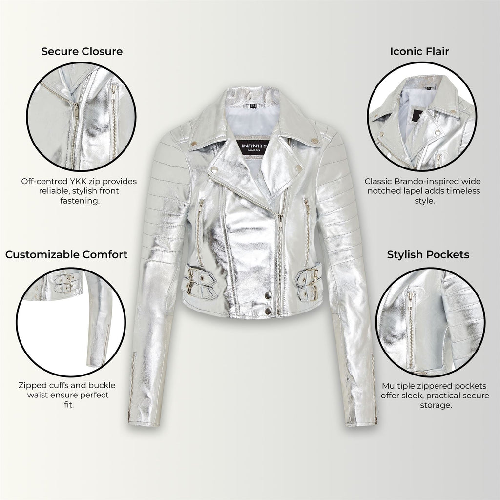 Womens Cropped Brando Leather Biker Jacket-Damascus